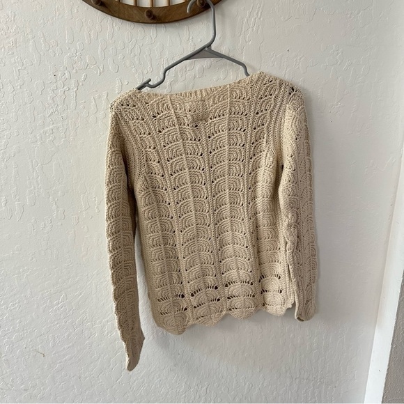 Chaser Cream Knit Crochet Scallop Slit Long Sleeve Pullover Sweater Small - Picture 5 of 6
